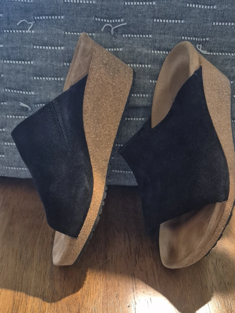 Papillio Black Suede Cork Wedge Slide Sandals